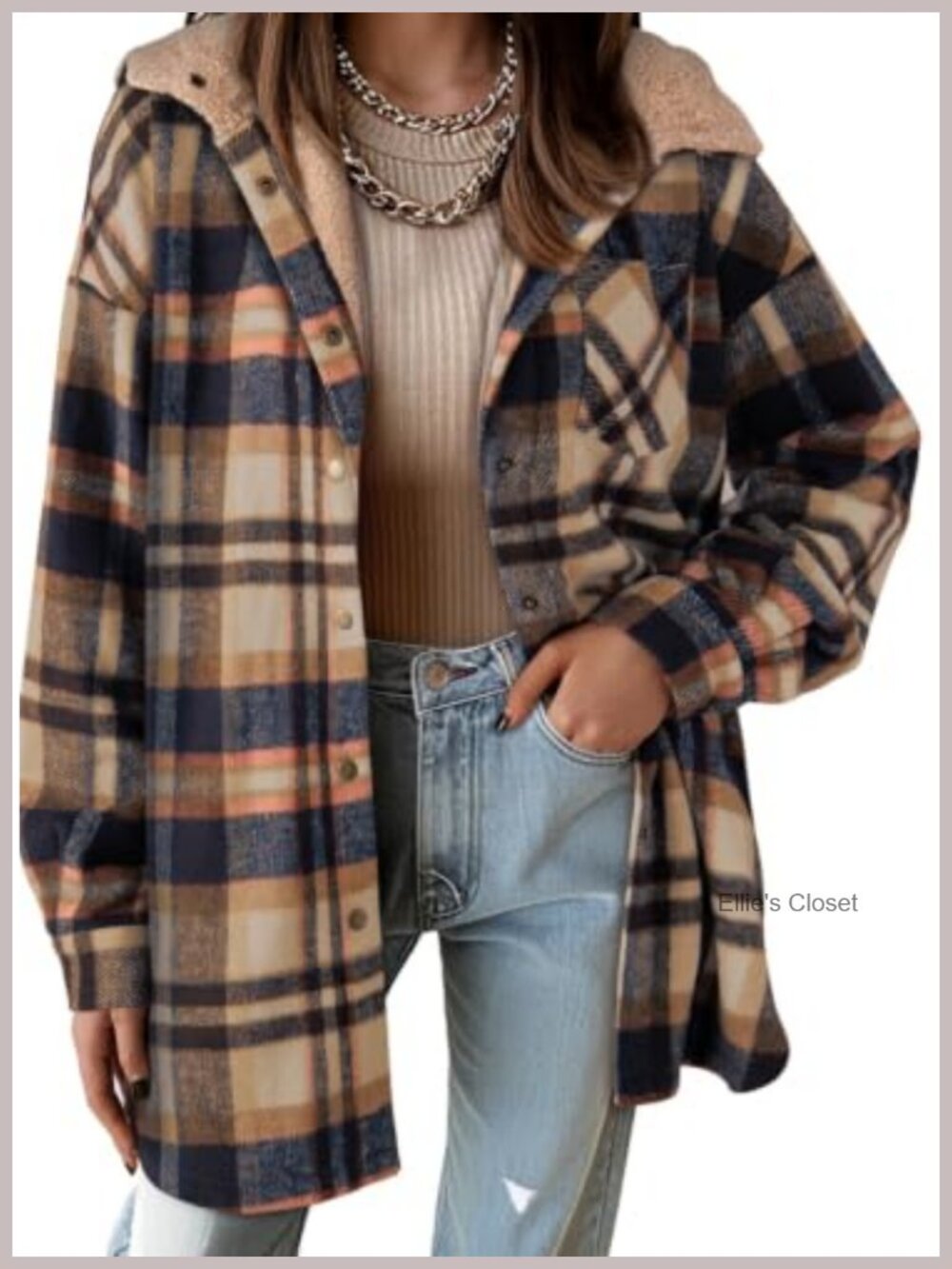 Flannel Hooded Plaid Shacket Thick Fleece Jacket Women Oversized Coat